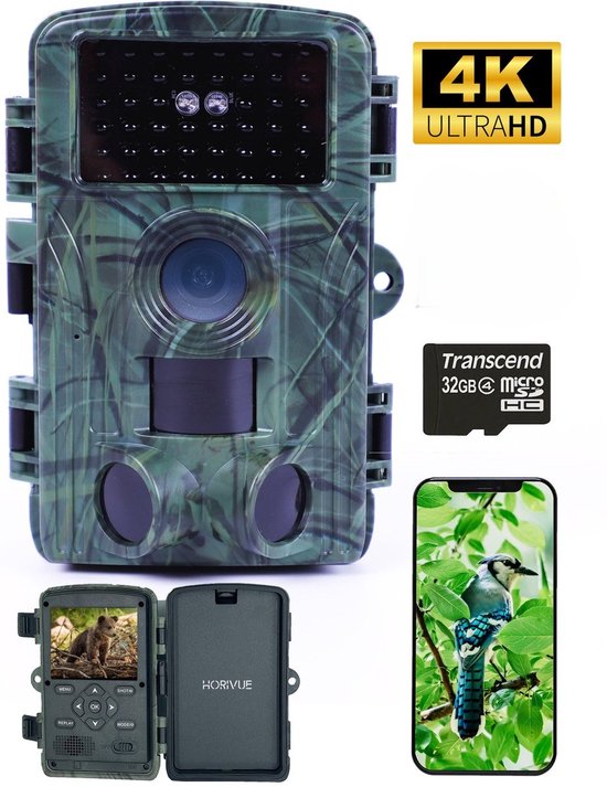 HoriVue Professionele Wildcamera met Nachtzicht en Wifi - Wildcamera voor Buiten - Wifi APP - 4K Ultra HD - 60MP - 32GB Geheugenkaart - Waterdicht - Inclusief 10 Batterijen