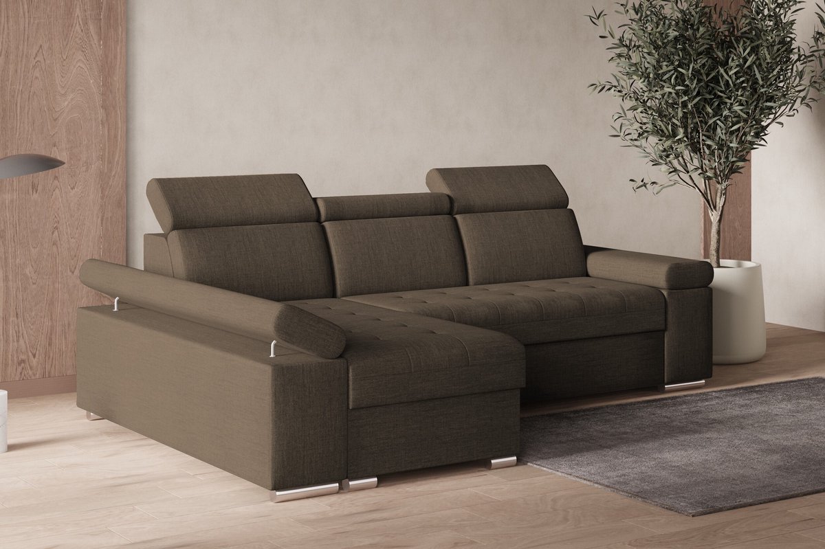 Hoekbank L met slaapfunctie, verstelbare hoofdsteunen & bedlade – Moderne slaapbank met opbergruimte – Hoekbank Luka L – Bruin (Twist 06) – Links
