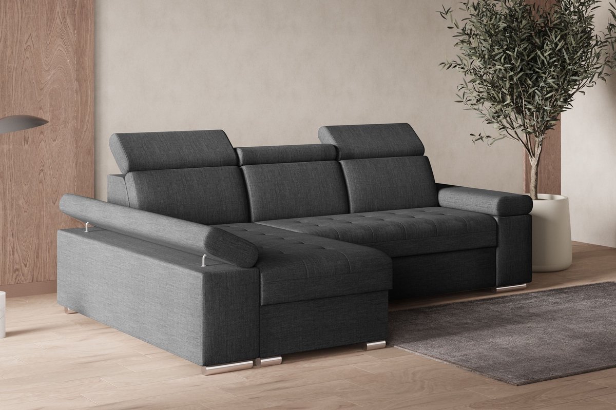 Hoekbank L met slaapfunctie, verstelbare hoofdsteunen & bedlade – Moderne slaapbank met opbergruimte – Hoekbank Luka L – Donkergrijs (Twist 23) – Links