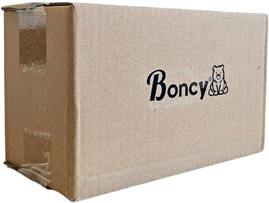 Een bruine kartonnen verzenddoos met het 'Boncy' logo en een teddybeer-icoon erop gedrukt.