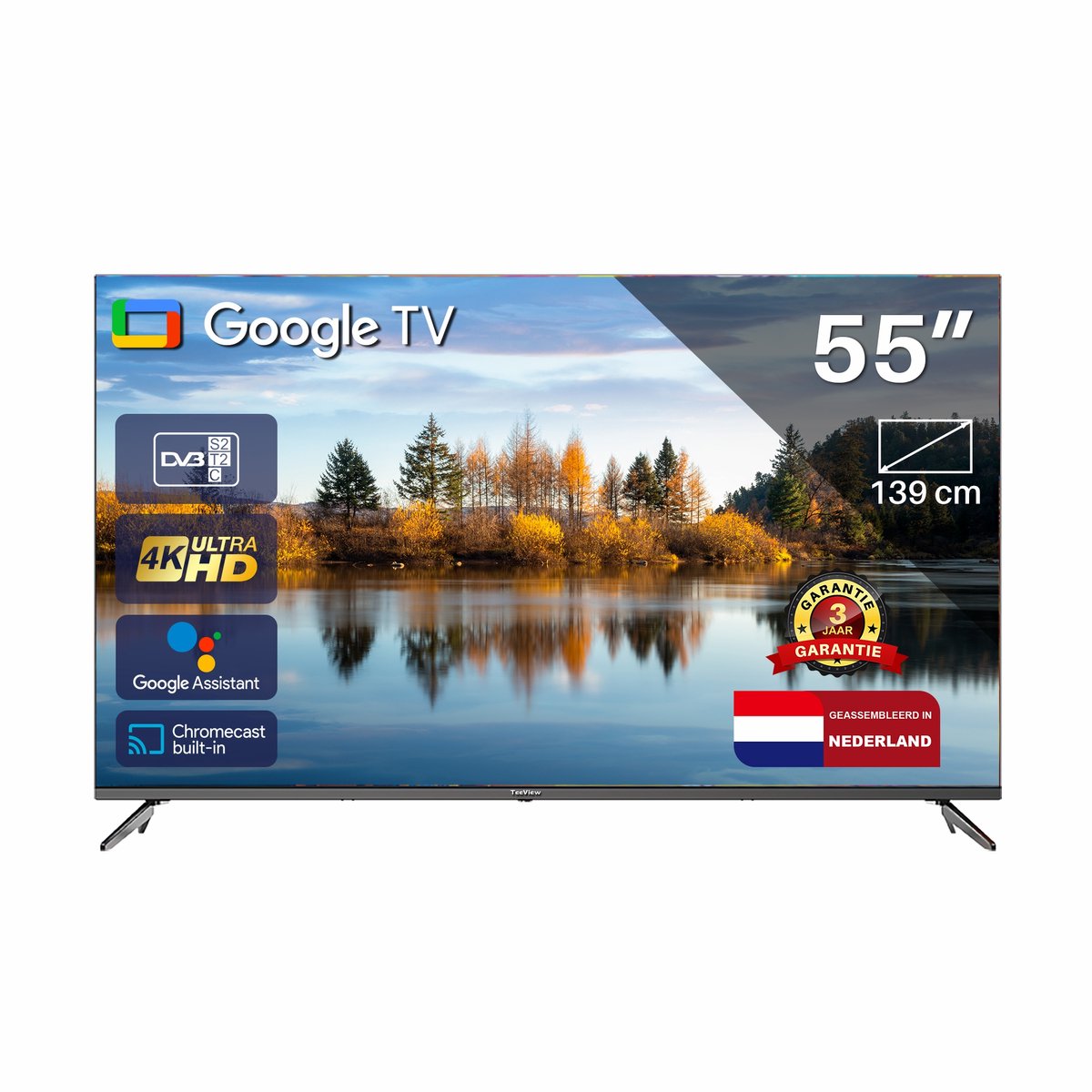 Google Smart TV | TeeView 55 inch 4K Ultra HD Google TV | 3xHDMI 2x USB | Ci+ | Triple Tuner DVB-T/T2/S/S2/C | Frameless Design | Smart TV | in Eindhoven geassembleerd | TeeView TV55QUG-EU - Google - €298,00