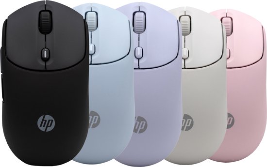 Vijf HP 400 Stille Draadloze Muizen in rijen: zwart, lichtblauw, lichtpaars, crème en roze.