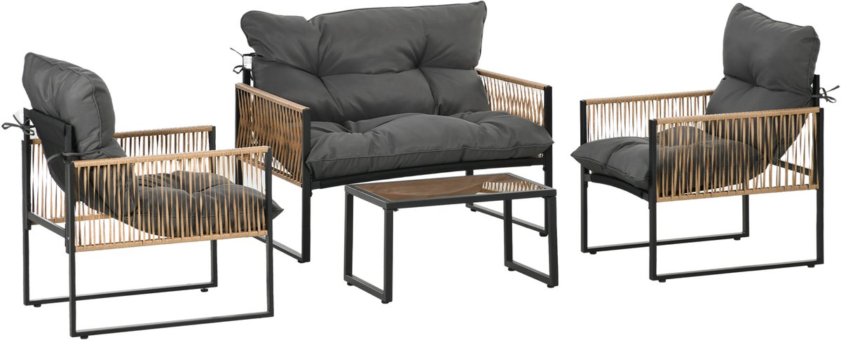 Outsunny-Rattan Sofa Set-PE Rattan, Polyester-106B x 70L x 72Hcm-Dunkelgrau