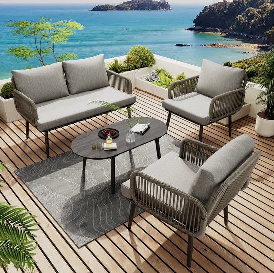 Tuinmeubelset met kussens - 2-zitsbank - 2 fauteuils en salontafel - handgeweven touw - blad van houtnerfglas - grijs