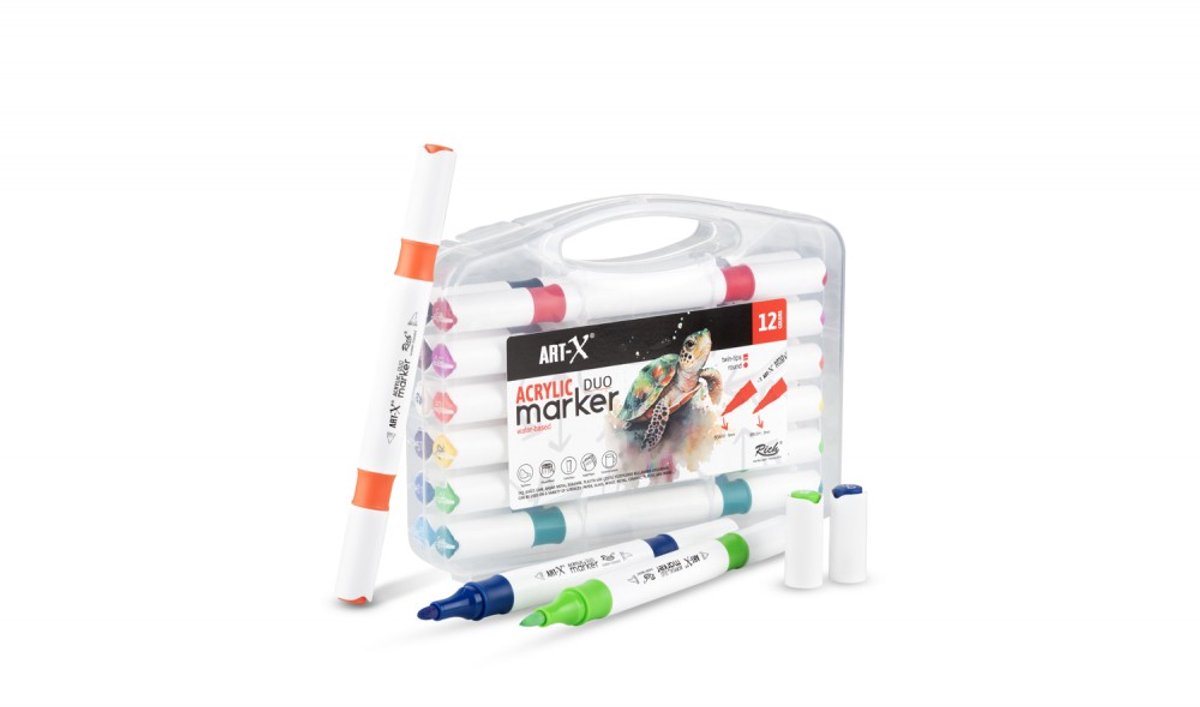 Rich Twinmarkers Acryl Markerset set van 12 – Dubbele Punt 1 mm & 6 mm – Sneldrogend, Waterbasis, Niet-giftig – Ideaal voor Tekeningen, DIY, Scrapbooking & Creatieve Projecten – 12 Kleuren