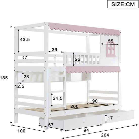 Lit superposé - lit bébé avec fenêtre et rideaux - avec protection antichute - étagères ouvertes - 2 tiroirs sur roulettes - nombreux rangements - blanc rose - 90x200cm