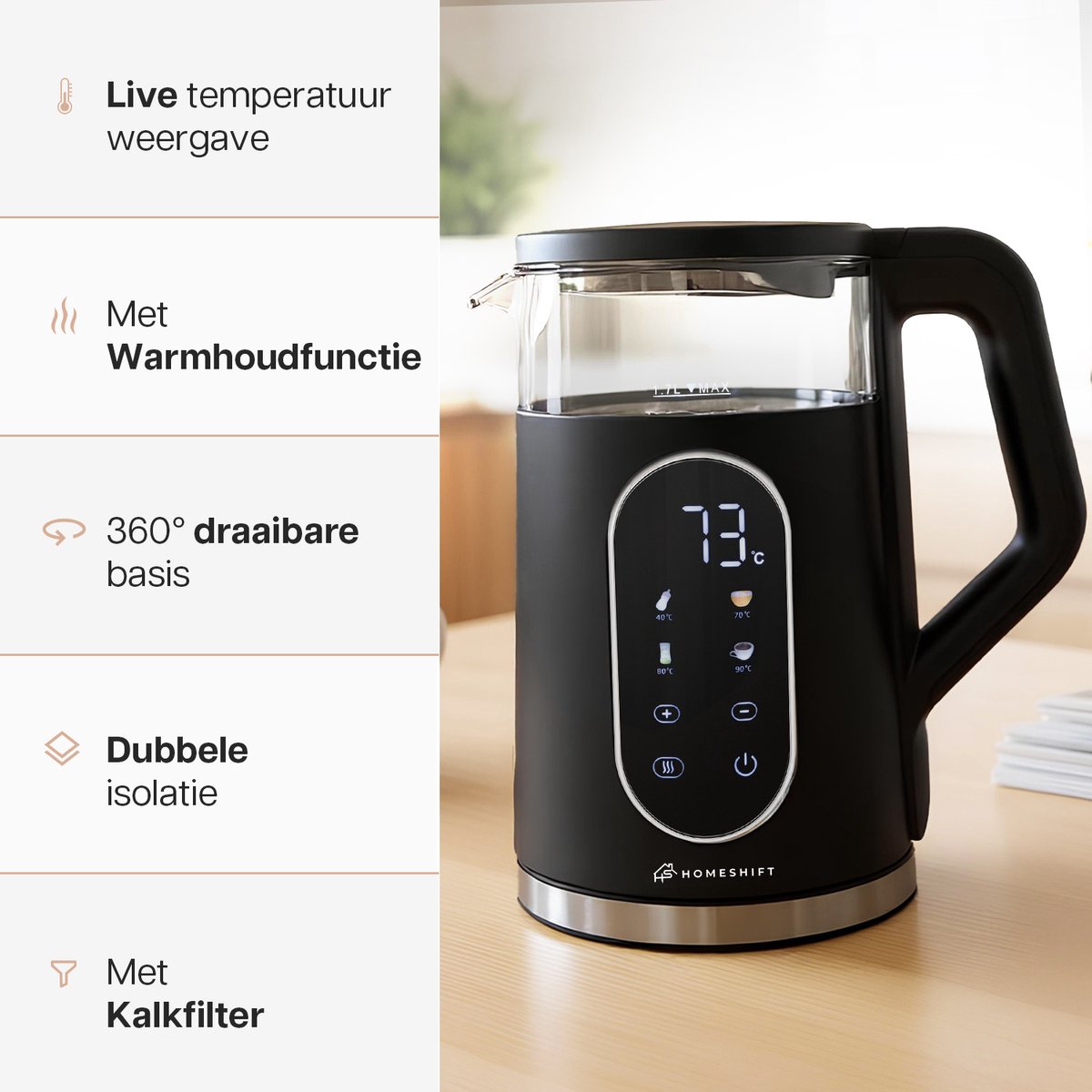 HomeShift Waterkoker 1,7L | Temperatuurregeling & Warmhoudfunctie