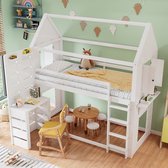 Bol.com Stapelbed - kinderbed met valbeveiliging en rail - met tafel - open planken - twee ramen - veel opbergruimte - wit - 90x... aanbieding