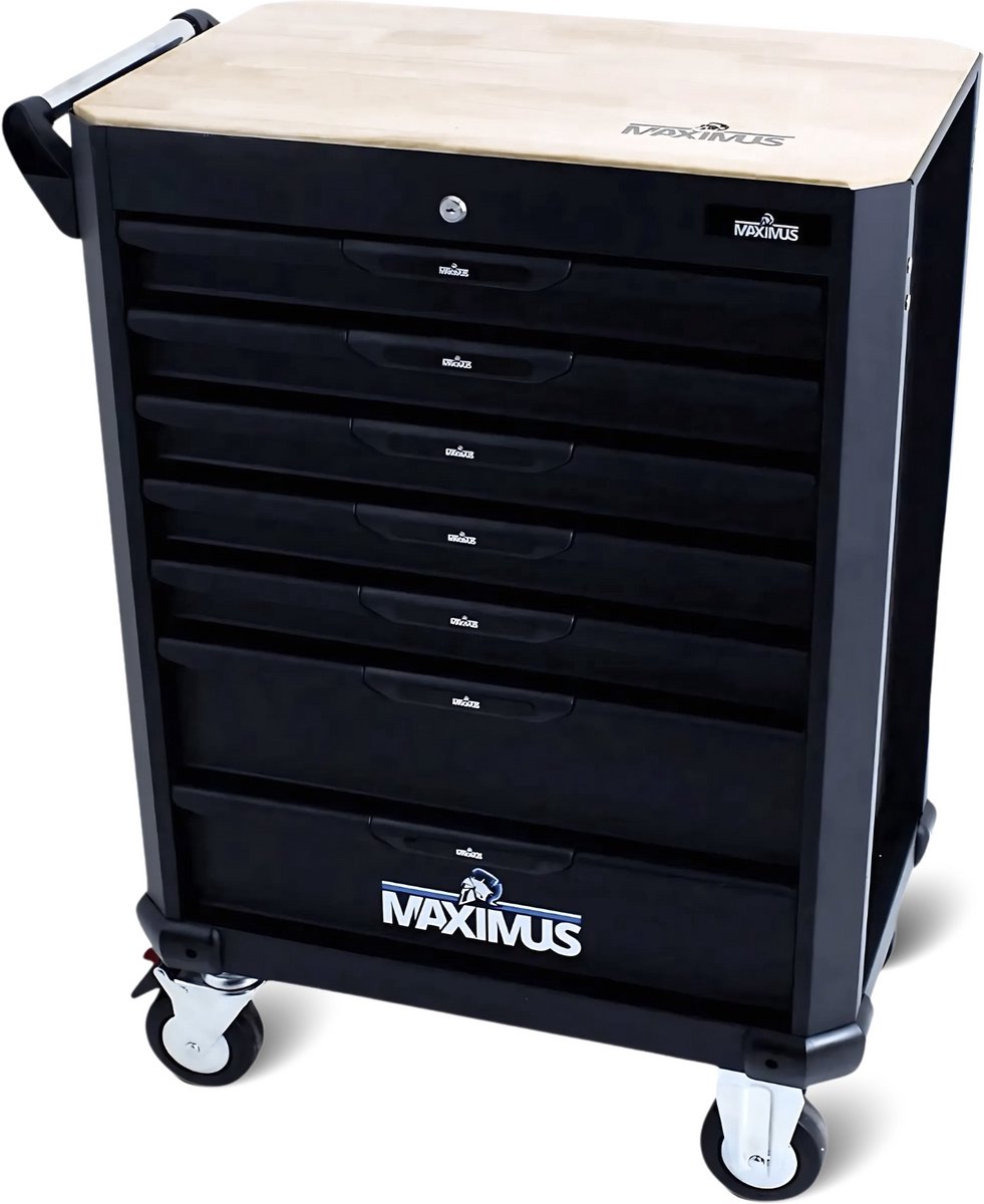 Maximus Gereedschapswagen Gevuld – 406-delig – 7 Grote Lades Incl. Softmodules – Quick-Lock & Houten Werkblad