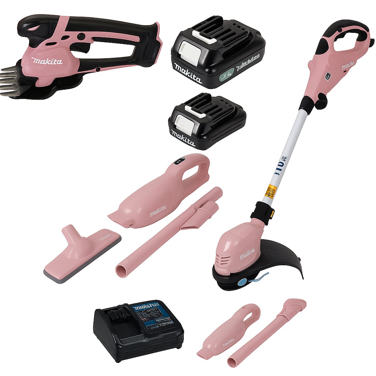 Makita Pink Lady 12V Set: stofzuiger, trimmer en grasschaar