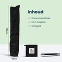 Zwarte parasolhoes van 250cm x 64cm, met stok en draagzak. Afmetingen van de hoes.