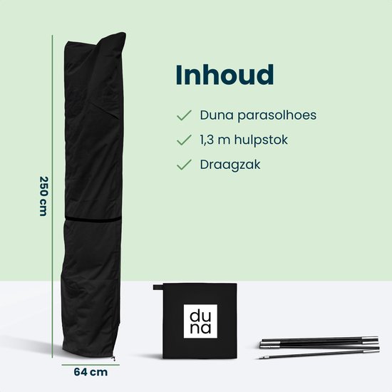 Zwarte parasolhoes van 250cm x 64cm, met stok en draagzak. Afmetingen van de hoes.