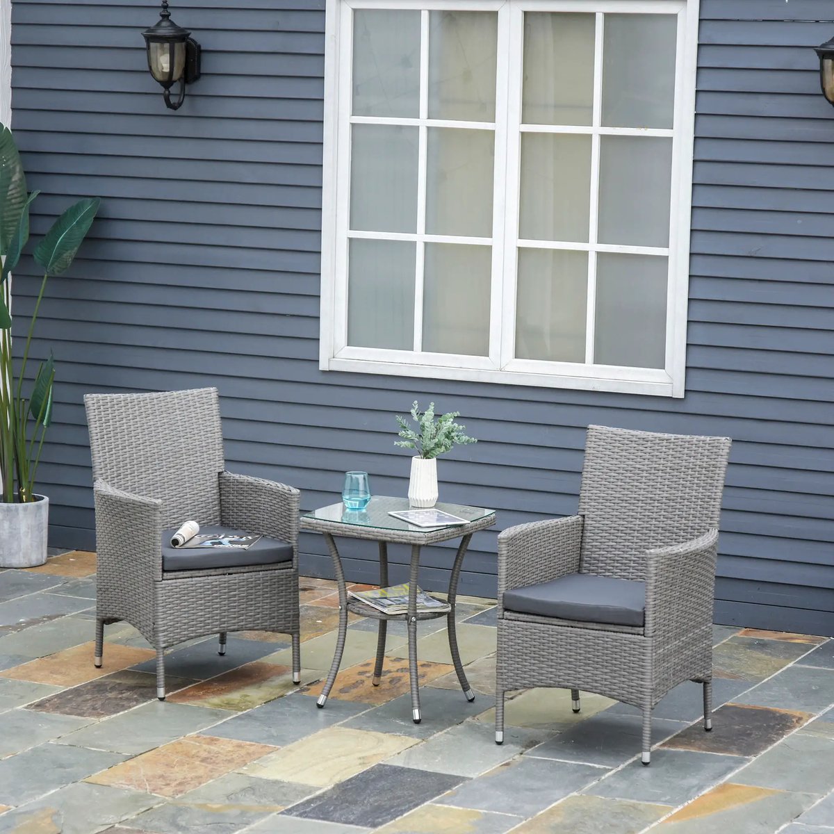 Pugsdrly polyrotan tuinmeubelset, outdoor lounge balkonmeubels voor 2 personen, 3-delige zitgroep, 2 stoelen, tafel zitkussens, tuinlounge voor tuin, terras, balkon, grijs