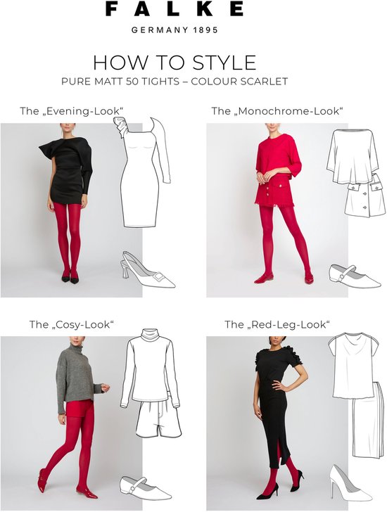 Illustratie van 'Pure Matt 50 Tights' in de kleur 'Scarlet', met vier outfits.