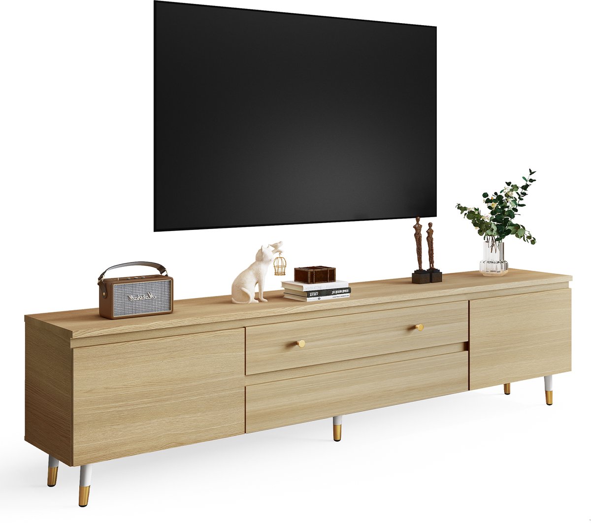 Hiaonyx TV Meubel Industrieel Houtkleur – 175cm – Geschikt voor TV tot 75 inch – Met Opbergruimte en Lades - Houtkleur