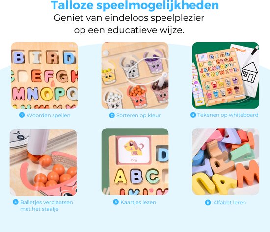 Collage van houten spelletjes: alfabet met diertjes, mandjes sorteren, tekenen, balletjes verplaatsen, letters lezen.