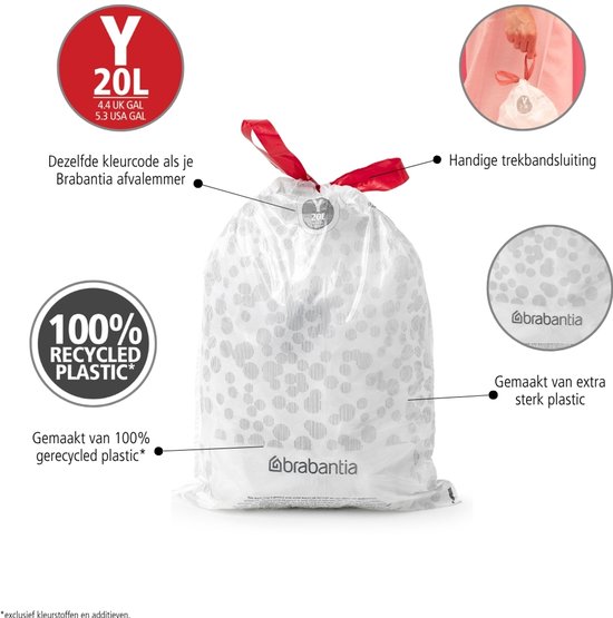 Witte vuilniszak met grijs cirkelpatroon, 20L. Met handige rood trekband. Gemaakt van 100% gerecycled plastic.