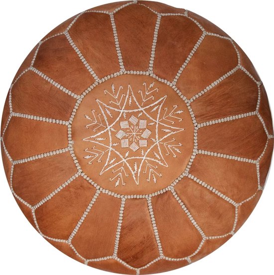 Pouf en cuir marocain – Handgemaakt et garni – Ø 55 cm – Marron (bronzage Natural ) – Multifonctionnel comme repose-pieds, table d'appoint ou sac de rangement