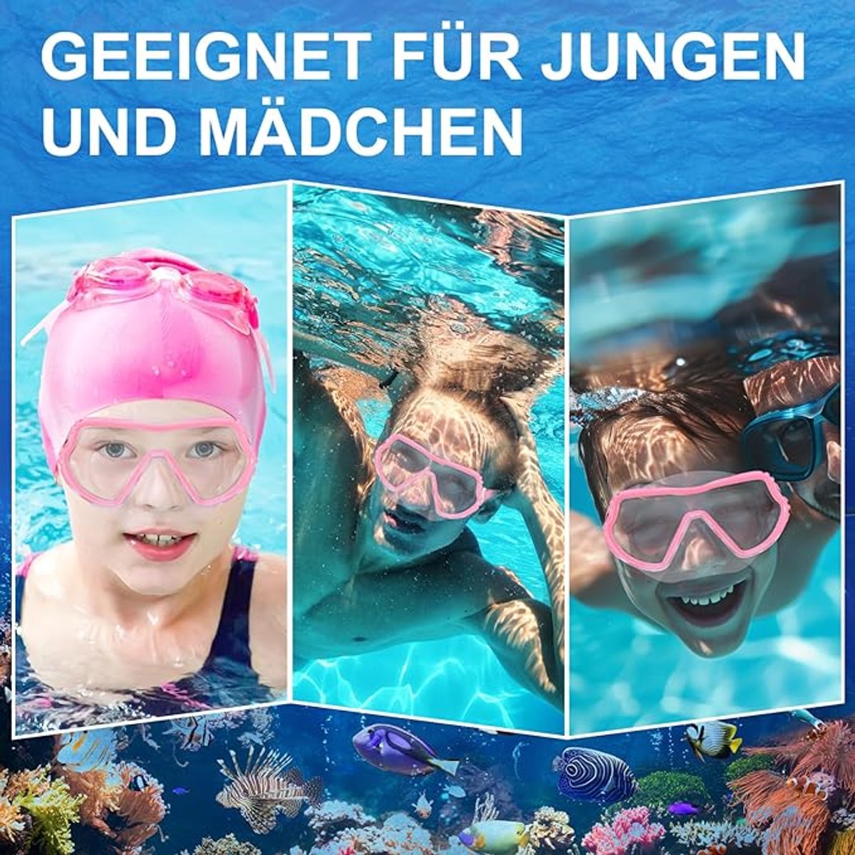 Supertrip Kinderzwembril met neusafdekking voor kinderen van 6-14 jaar, gehard glas stoffen riem, zwembril, snorkelmasker voor jongens en meisjes, zwembad, strand-Azul marino