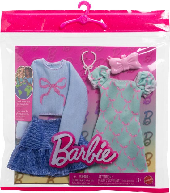 Barbie 2-Pack Kleding Outfit en Accessoires - Mooie Jurk, Spijkerrok en Blauwe trui — afbeelding 3
