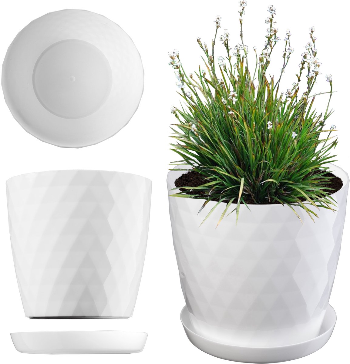 Decoratieve Bloempot met Onderschotel voor Binnen en Buiten (25 cm, Wit)