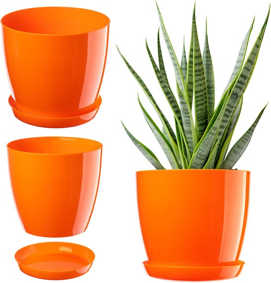 Kadax bloempot, plantenpot met onderschotel, ronde bloempot voor binnenshuis, elegante sierpot van kunststof, bloempot voor bloemen en planten, lichtgewicht plantenpot (Ø 16 cm, oranje)
