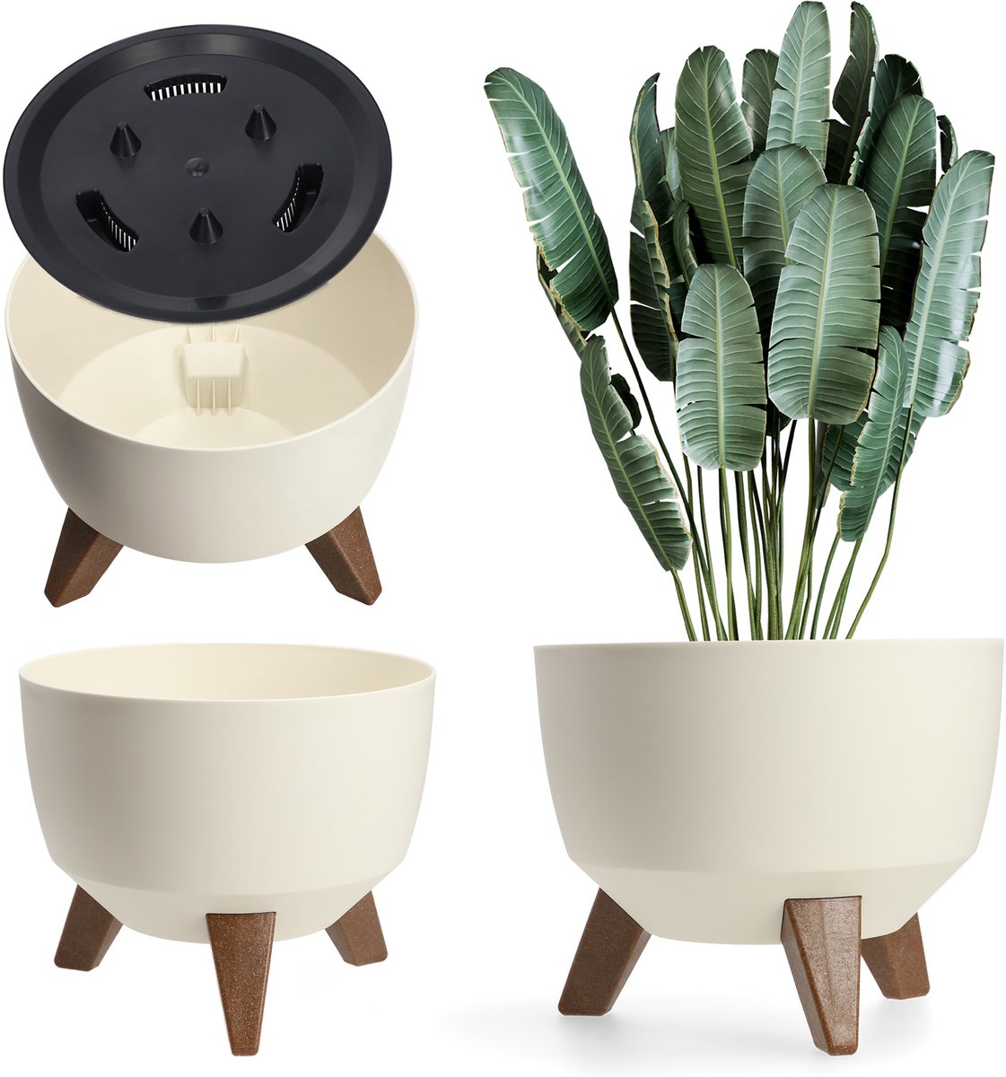 Bloempot van kunststof met drie insteeksteunen - ronde bloembak, plantenschaal voor balkon, woonkamer - Diameter 33 cm, Crème KADAX