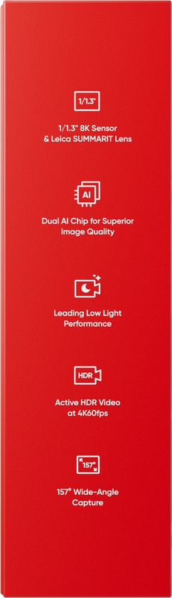 Rode verpakking met witte iconen voor 1-inch sensor, dual AI chip, low light prestaties, HDR en 150° groothoek.
