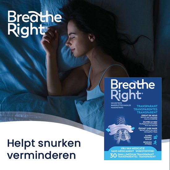 Bandes nasales anti Snurk Breathe Right - Dilatateur nasal - Pansements nasaux anti- Snurk - Peaux sensibles - Petit/ Medium 30 pièces - Transparent - Bon sommeil - Doux pour la peau - Idéal en cas de rhume et d'allergies