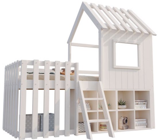 Lit cabane pour enfant 90x200, avec toit et fenêtre, avec espace de rangement ouvert, avec échelle d'escalade, lit superposé pour enfant en bois massif sans matelas, blanc