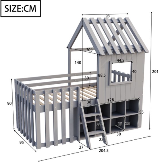 Lit cabane pour enfant 90x200, avec toit et fenêtre, avec espace de rangement ouvert, avec échelle d'escalade, lit superposé pour enfant en bois massif sans matelas, gris