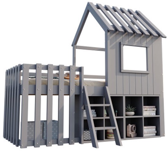 Lit cabane pour enfant 90x200, avec toit et fenêtre, avec espace de rangement ouvert, avec échelle d'escalade, lit superposé pour enfant en bois massif sans matelas, gris