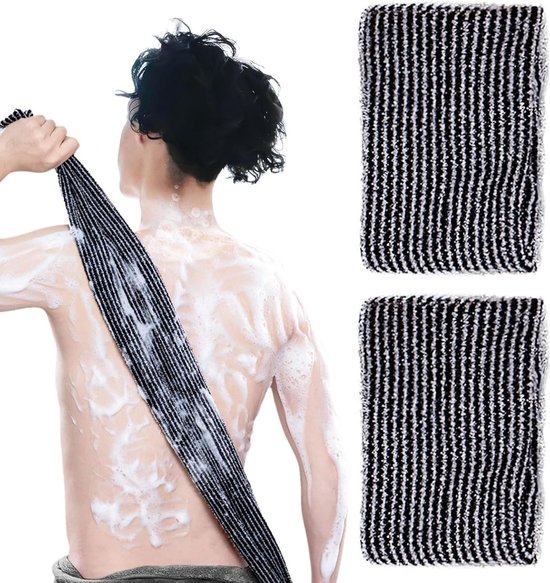 2 pièces exfoliant corps gommage et serviette extra longue - Gant de gommage et gant de toilette pour un nettoyage en profondeur - Loofah avec texture spéciale pour une mousse moelleuse - Accessoires de douche