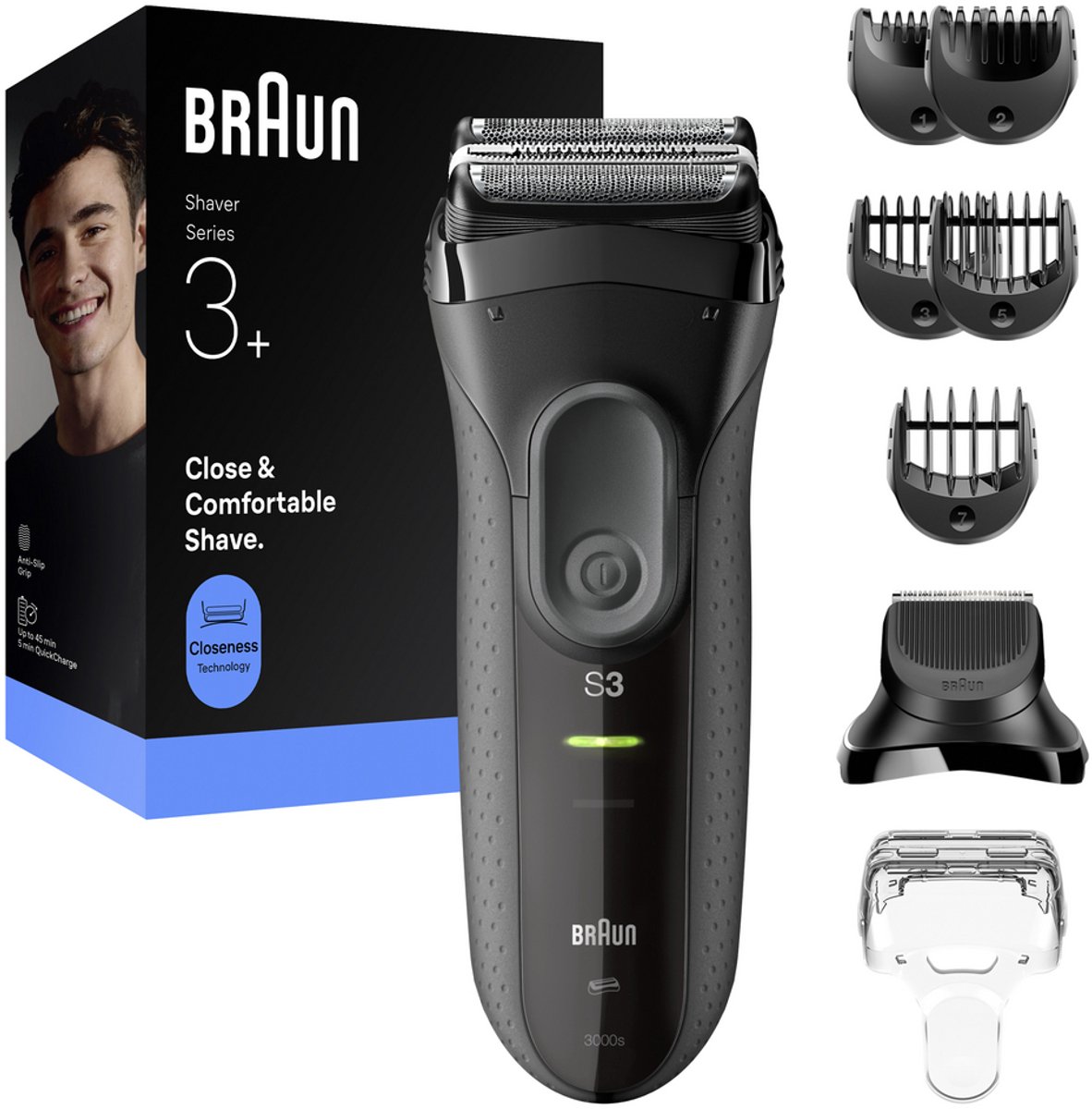 Braun Series 3+ Elektrisch Scheerapparaat + Baardtrimmer-opzetstuk - Droog Gebruik - 3000BT - Grijs - Scheerapparaat voor Mannen