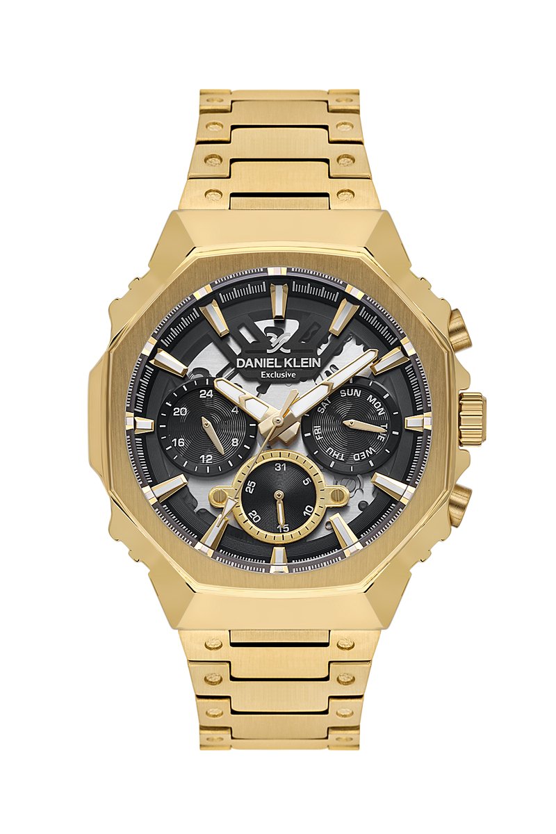 Daniel Klein DK.1.14000-4 - Horloge - Polshorloge - Analoog - Heren- Mannen - Achthoek - Stalen band - Metaal - Datumaanduiding - 24u - Streepjes - Goudkleurig - Zwart - Wit - Grijs