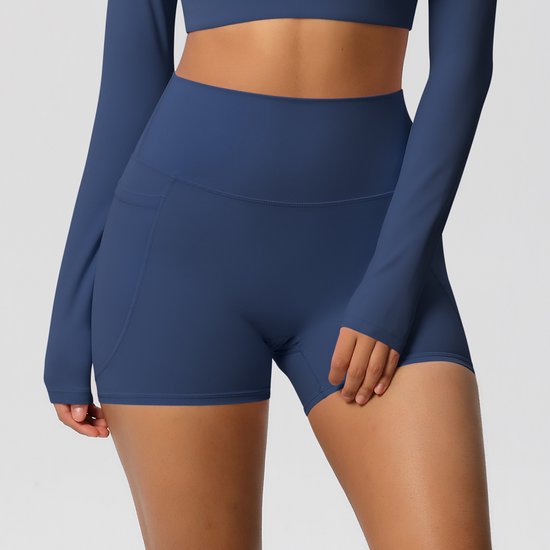 Gym Revolution - Korte Sportlegging dames - Sportbroek dames met zakje - Sportkleding dames - Yoga short dames - Hardloopbroek dames kort - High waist sportlegging - Fitness legging dames - Gym short dames - Navy blue - Maat S van Gym Revolution — afbeelding 3