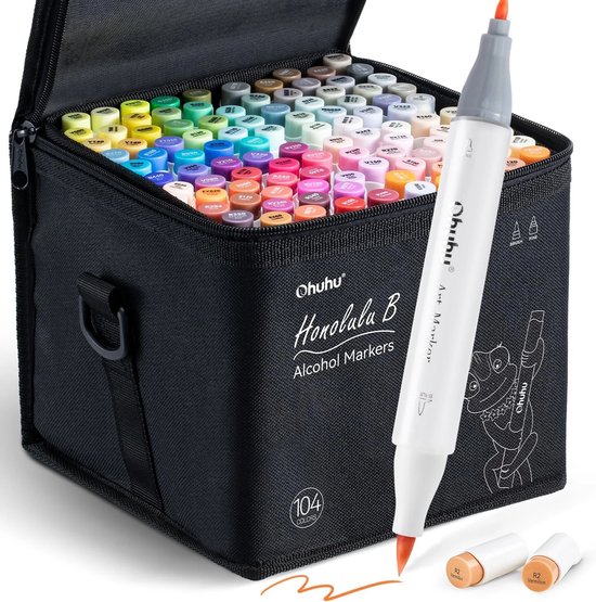 Ohuhu Honolulu B 104 kleuren Alcohol Art Markers Brush & Fine + Blender + etui (nieuwe kleuren)