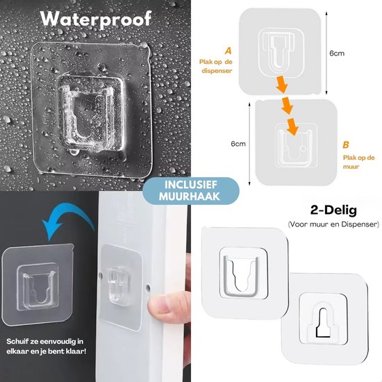 Waterdichte muurhaak voor zeepdispenser, 6cm x 6cm, 2-delig, eenvoudig te bevestigen.