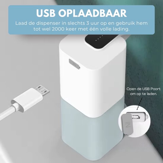 USB oplaadbare automatische zeepdispenser, met USB-poort getoond voor het opladen.