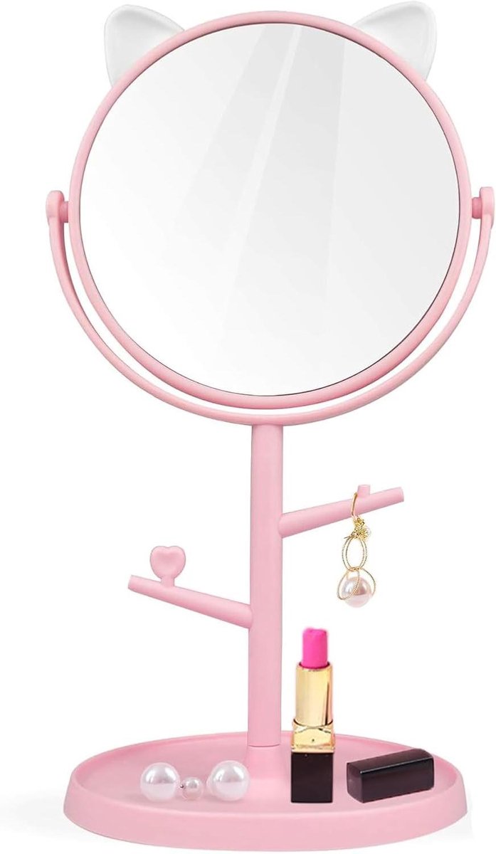 Modieuze Schattige make-upspiegel met kattenoren roze - Draaibare tafelbladspiegel voor op het bureau of op reis