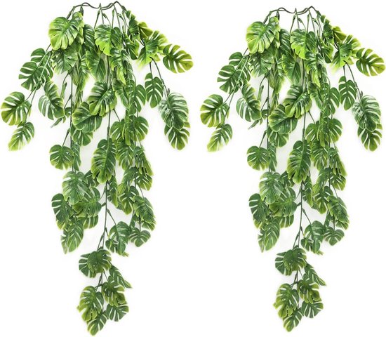 Kunstmatige hangplanten 2 stuks, palmblad hangplanten - Kunstmatige klimplant voor tuin, huis, junglefeest, buiten, binnen, lentedecoratie
