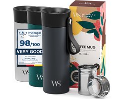 Wilford & Sons Thermosbeker Koffie To Go met Draagriem & Thee-Infuser 360ml, Geïsoleerd & Lekvrij - BPA-Vrij, Vaatwasmachinebestendig | Dubbelwandige Isolatie Coffee & Thee RVS Reisbeker Mok, Vrouw Man | Travel Mug - Zwart