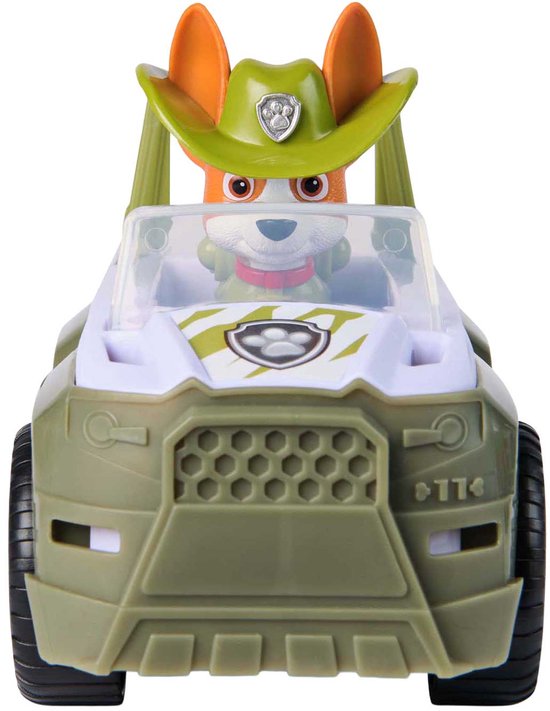 Vooraanzicht van Tracker's Jungle Cruiser Paw Patrol speelgoedauto met Tracker zittend in de auto.