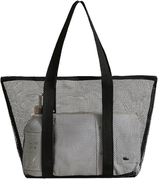 Draagbare douchetas zwart mesh draagtas met ritssluiting multifunctionele strandtas toilettas met handvat nettas voor fitnessstudio reizen camping studentenhuis badkamer