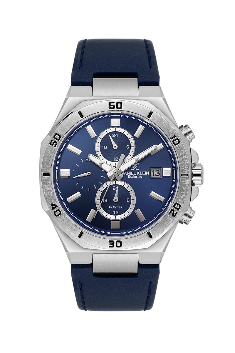 Daniel Klein DK.1.14003-2 - Horloge - Polshorloge - Analoog - Heren- Mannen- Leren band - Metaal - Afegronde achthoek - Streepjes - Dual Time - 12-24 - Datumaanduiding - Donkerblauw - Zilverkleurig - Wit - Zwart