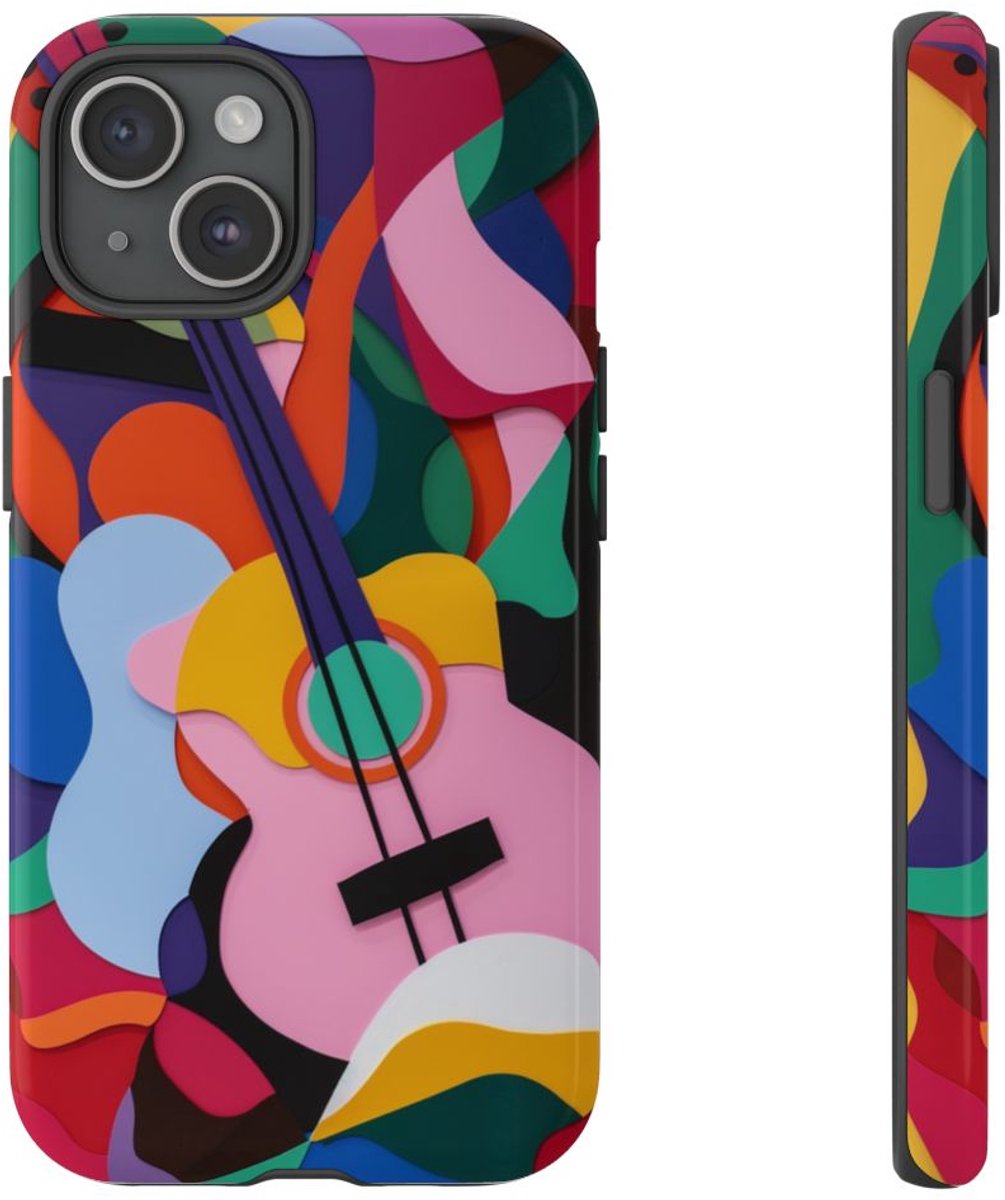 Kleurrijke Abstracte Gitaar – Glanzend Stevig Hoesje Geschikt voor iPhone 15