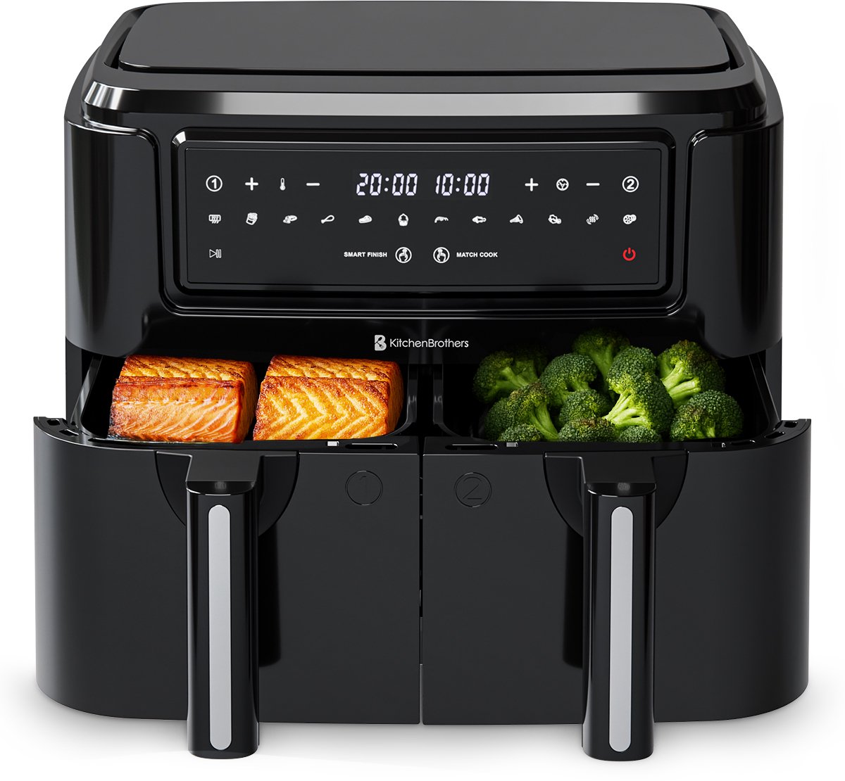 KitchenBrothers Airfryer XXL Dual Zone - 2400W - 9L - Heteluchtfriteuse - Dubbele Mand - 50ºC tot 200ºC - 10 Kookprogramma's - Zwart - KitchenBrothers - €104,99