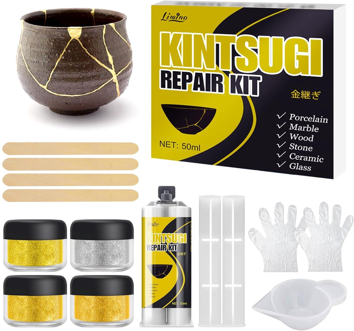 Reparatiekit – 4 kleuren goud, zilver, brons & koper – voedselveilig epoxy & kleurpoeder – DIY restauratie keramiek, servies & vazen