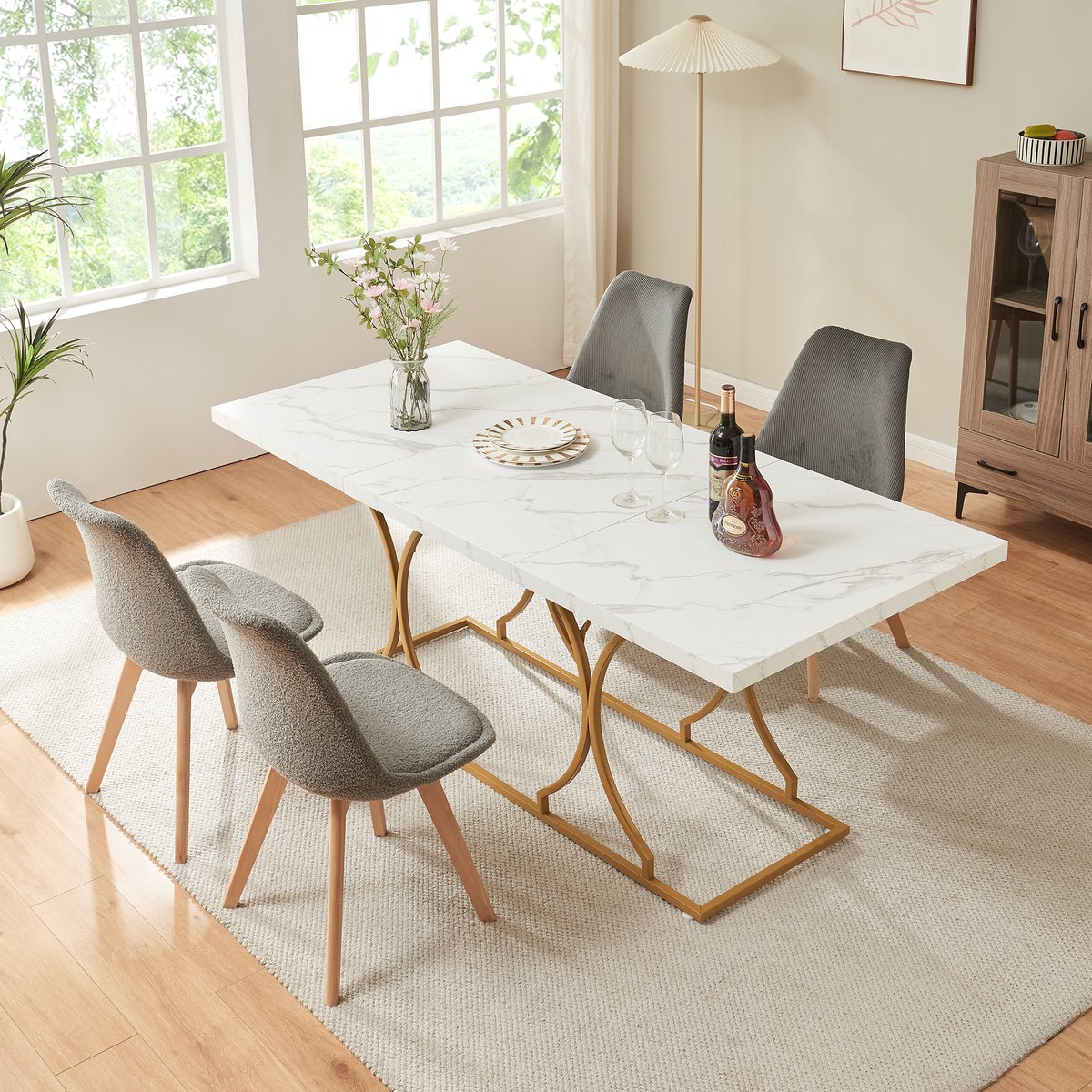 en.casa Eettafel Figa rechthoekig 180x80 cm marmerlook wit en goudkleurig [en.casa]