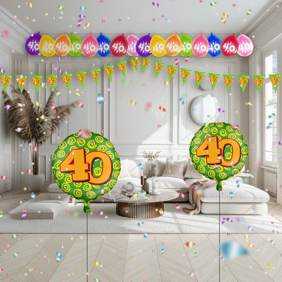 Feestelijke woonkamer versierd met ballonnen en 40-jaar vlaggenlijnen. Confetti valt naar beneden.